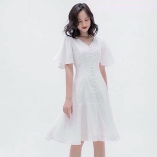 Đầm midi, váy xoè trắng bèo lai nút bọc (kèm hình thật)