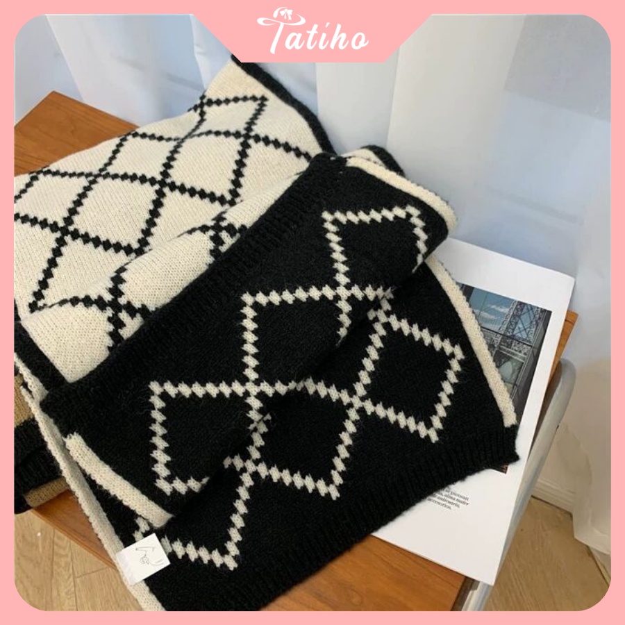Khăn Cashmere Len Quàng Cổ Unisex Họa Tiết Hình Thoi Chất Len Dày Thời Trang Thu Đông - 35x180cm - Tatiho - Mã KLN12