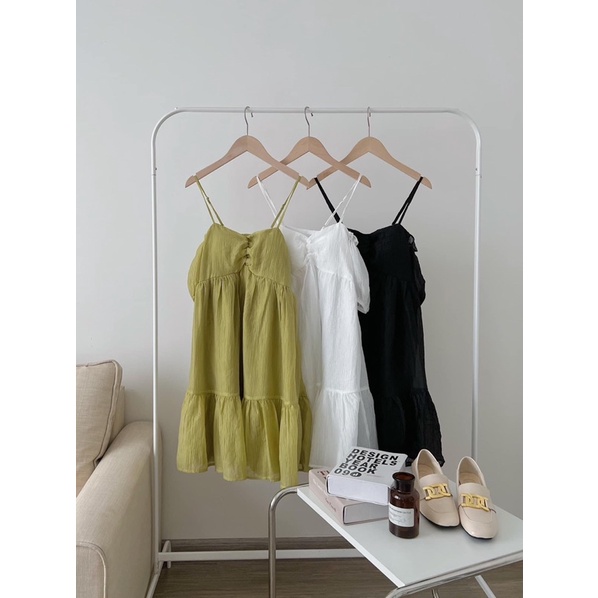 Đầm tơ 2 dây trễ vai nhún ngực có đệm dáng ngắn bèo tầng siêu tiểu thư bánh bèo babydoll (TTA145)
