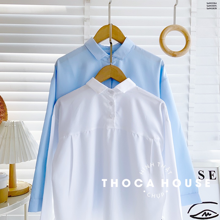 Áo sơ mi nữ vạt bầu ba nút sau trắng, đen, xanh THOCA HOUSE kiểu cách, gợi cảm, phối mọi trang phục