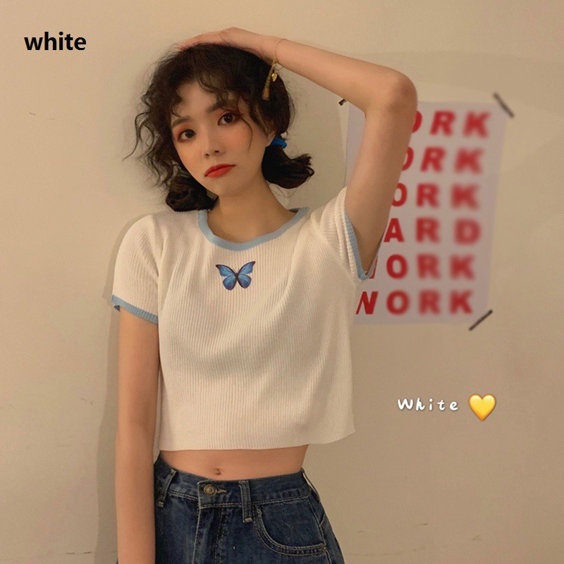 Korean Butterfly Print Short-sleeved Knitted Short-sleeved T-shirt