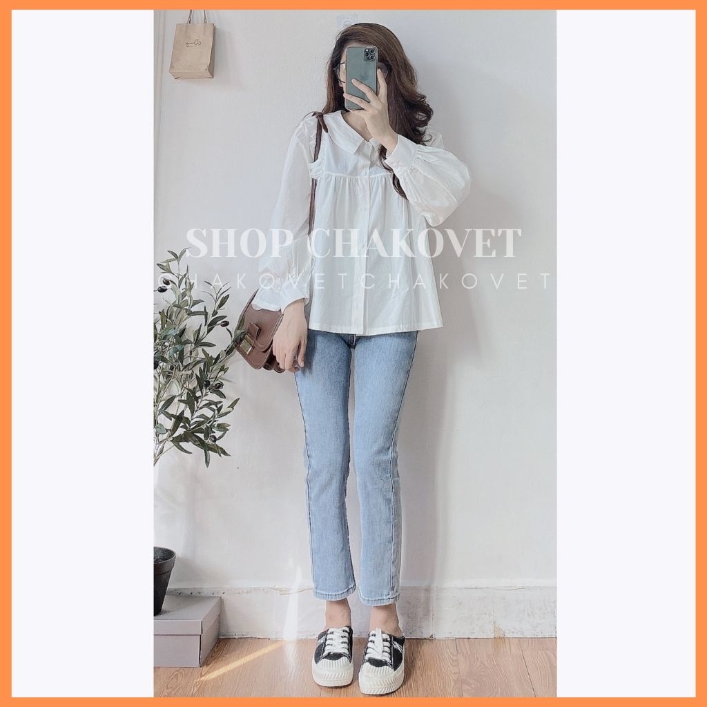 Áo sơ mi nữ dài tay form rộng CKA872, kiểu áo nữ cổ bẻ dáng babydoll trắng tiểu thư vai bèo mặc đi làm, đi học, đi chơi