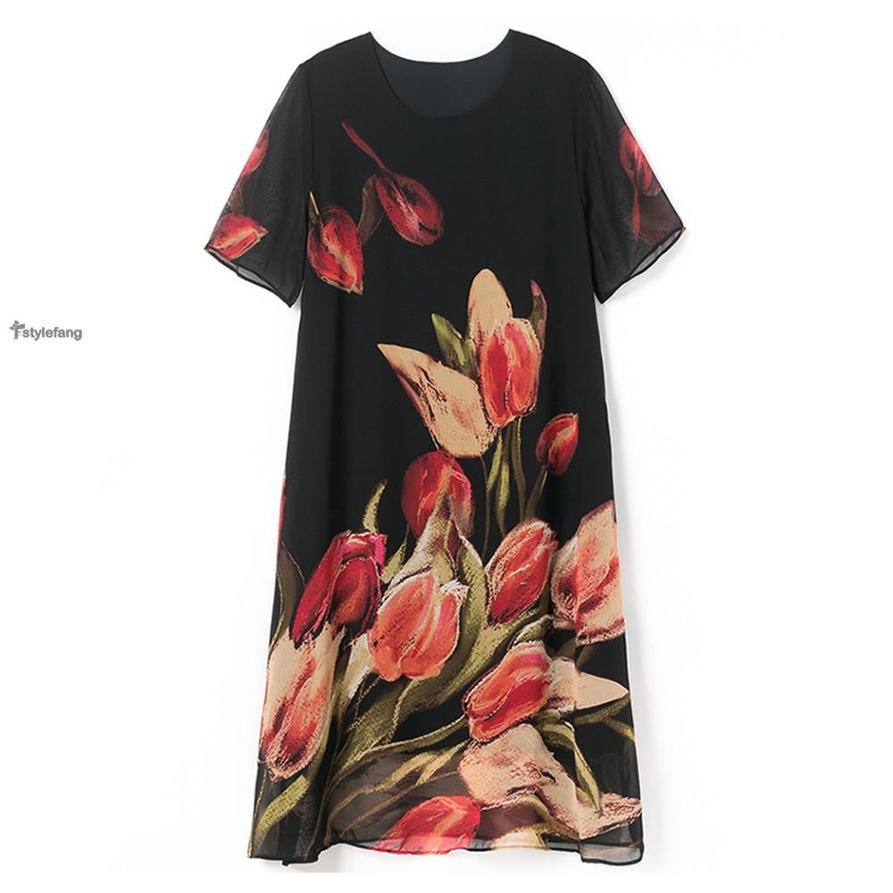 Đầm Lụa Lạnh Tay Ngắn In Họa Tiết Thời Trang Mùa Hè Cho Nữ | BigBuy360 - bigbuy360.vn