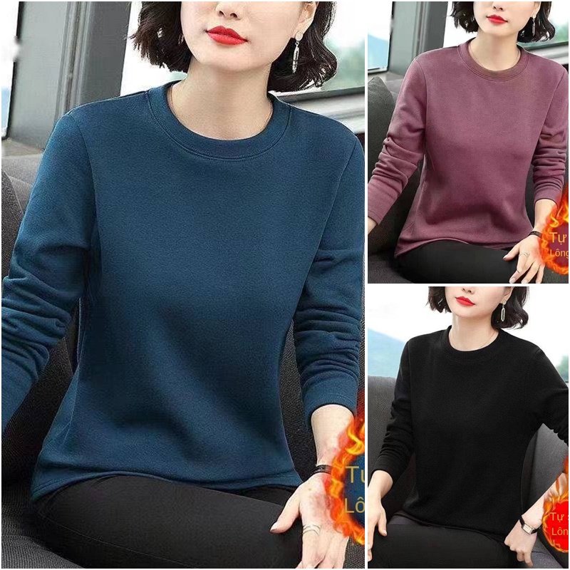Áo thun tay dài hai mặt dáng rộng màu trơn thời trang thu đông cho phụ nữ trung niên