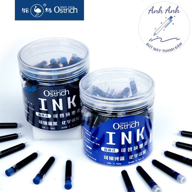 Mực bút máy Ostrich - loại nhanh khô tẩy được khi dùng với bút xóa AIHAO 502 - bán theo ống - hàng chính hãng