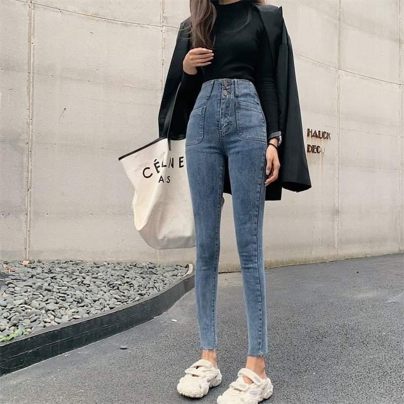 [Mã SKAMFSW175 giảm 10K đơn 50K] Quần jean cạp cao túi vuông KH052, quần bò nữ lưng cao túi ống 2 khuy dáng ôm
