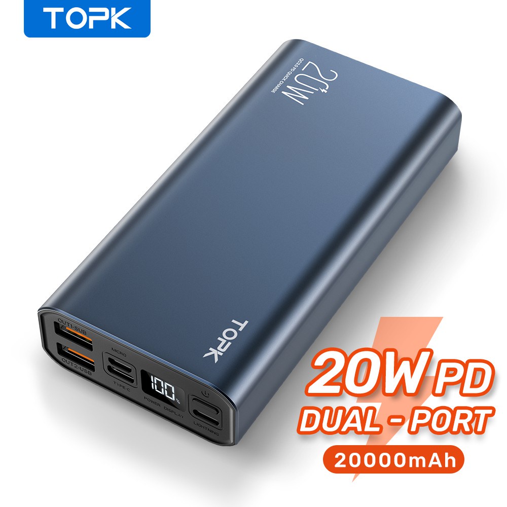 [Sạc nhanh] Sạc dự phòng 20000mAh TOPK I2006P PD QC 3.0 18W 3 đầu ra - Bảo hành chính hãng 12 tháng