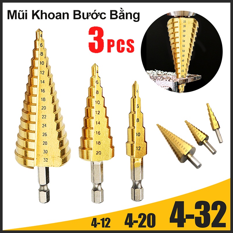 bộ 3 mũi khoan bước phủ titan siêu cứng , mũi khoan bằng titan cứng đường kính 4-12 / 20 / 32mm có nhiều kích cỡ