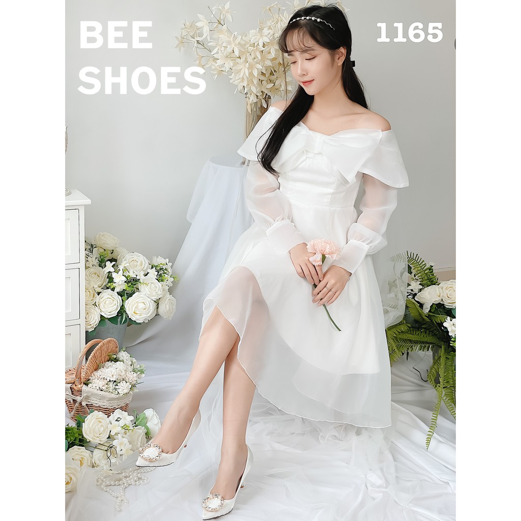 BEESHOES - GIÀY CAO GÓT NỮ MŨI NHỌN HỌA TIẾT ĐÁ TRÒN NGỌC - GIÀY CAO GÓT NỮ GÓT NHỌN CAO 7 PHÂN SẴN MÀU TRẮNG 201165