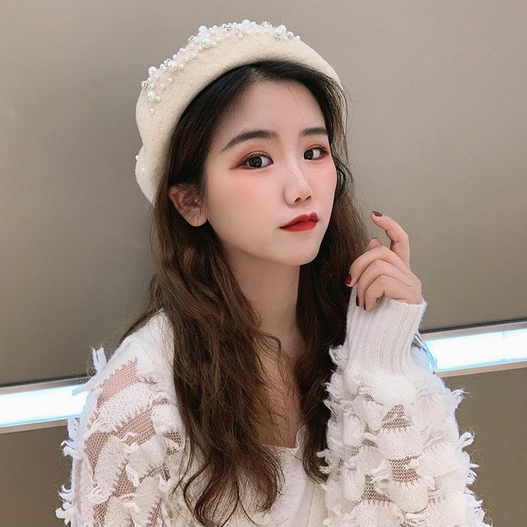 Nón Nồi Beret Chất Len Đính Hạt Nữ Tính Retro
