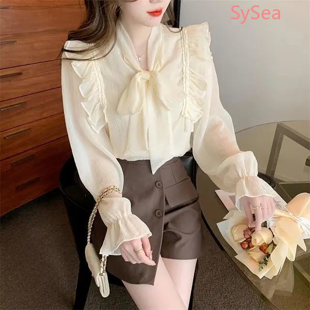 Áo Sơ Mi Voan Đính Nơ Ngọc Trai Thời Trang Mùa Xuân Dành Cho Nữ