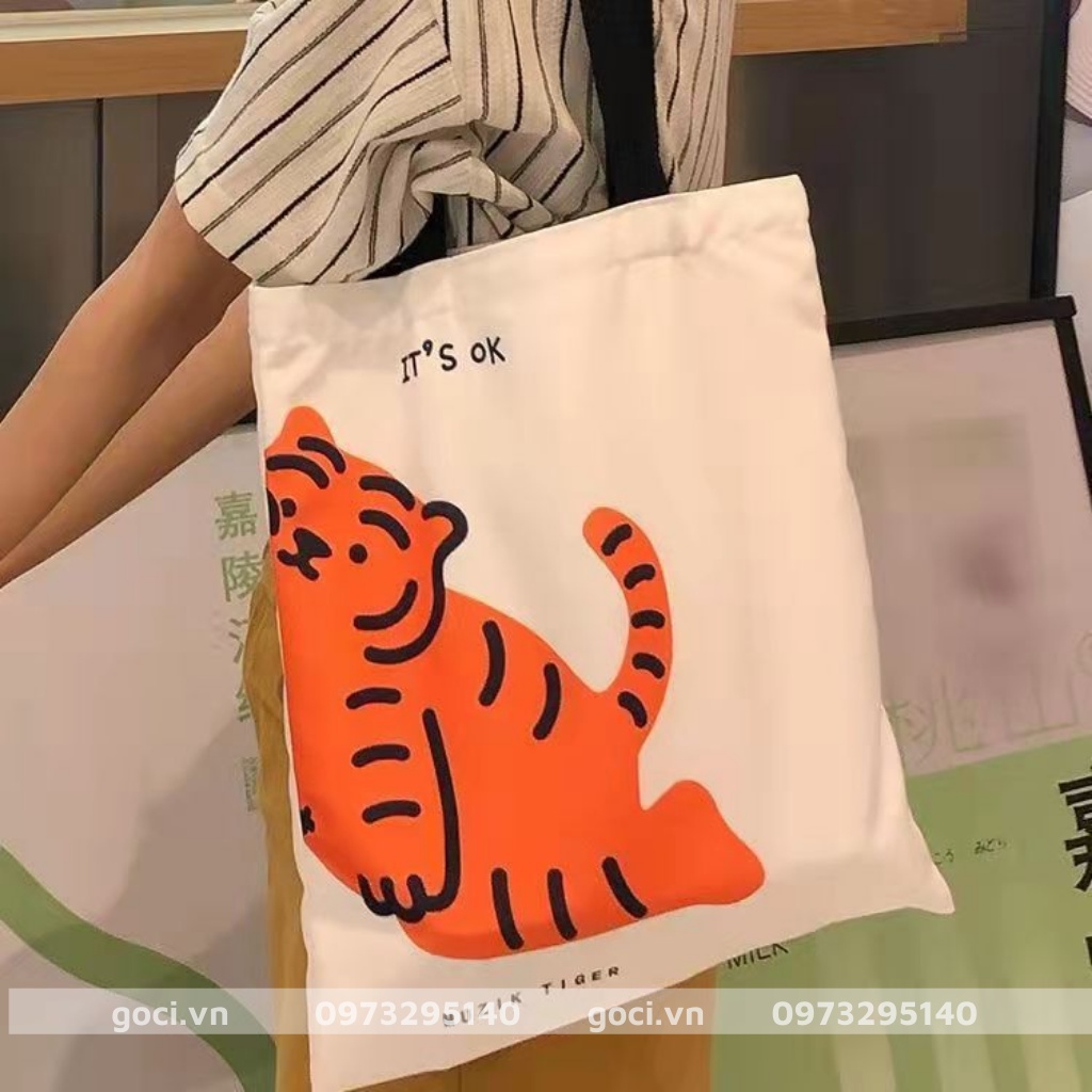 Túi xách tote vải canvas đeo vai hình hổ con siêu cute cỡ to đựng đồ đi chơi đi học đi du lịch đều xinh