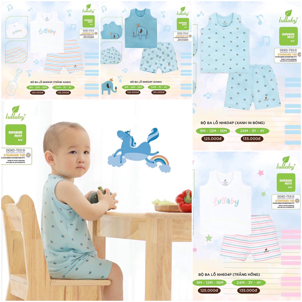 [Chính hãng]Bộ ba lỗ chất petit mềm mát in họa tiết trẻ em Lullaby chính hãng