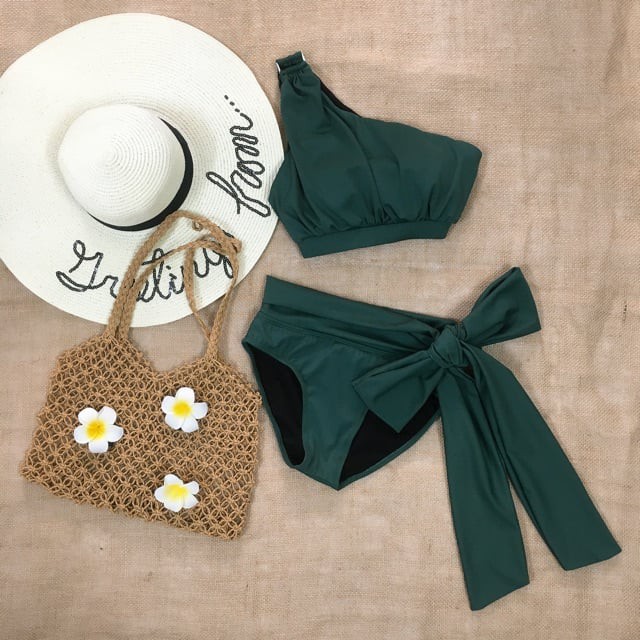 Bộ Đồ Bơi, Bikini 2 Mảnh Cạp Cao Phối Nơ Eo Phong Cách Hàn Quốc