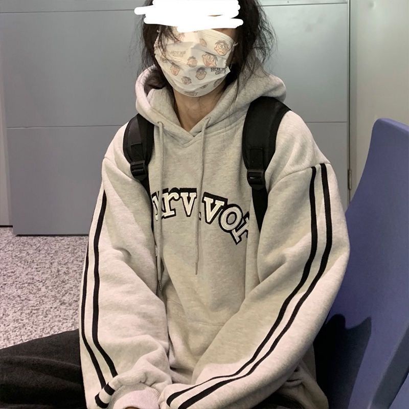 Áo Khoác Hoodie Mùa Đông Dáng Rộng Thêu Chữ Song Song Phong Cách Hàn Quốc Cổ Điển Mới Cho Nữ