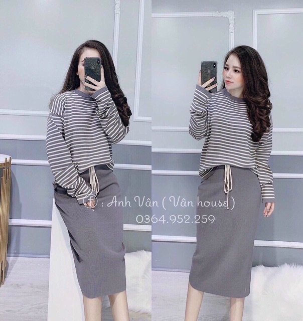 Áo Len Kẻ Mix Chân Váy