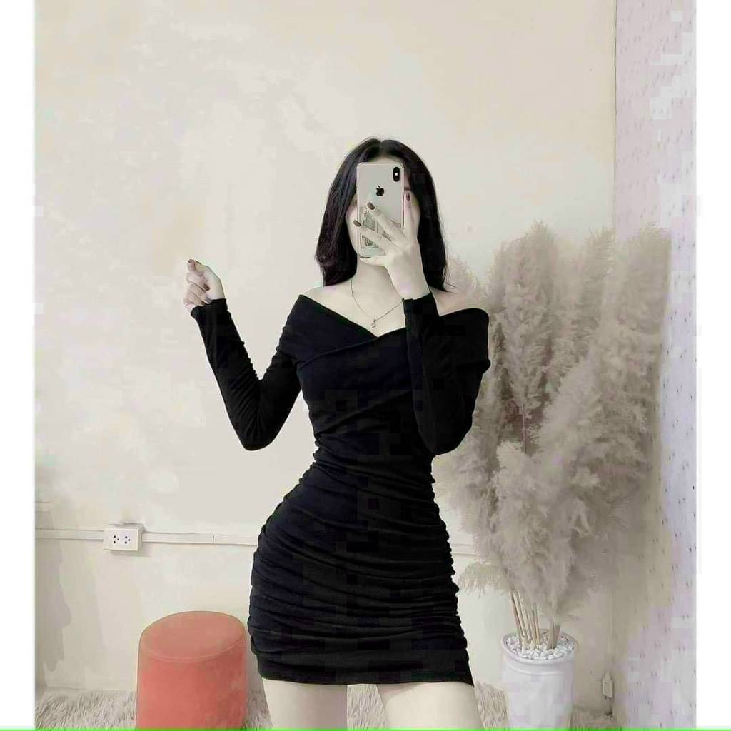 (Sale FreeShip) Đầm body nữ cổ V tay dài,đầm thiết kế nhún mặc siêu tôn dáng,chất thun gân mềm mịn,tone đen sang chảnh