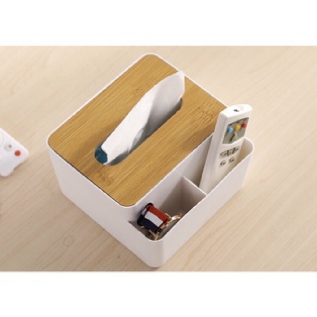 Hộp đựng khăn giấy để bàn nắp gỗ kèm 2 ngăn đựng đồ Remote điều khiển tivi bút viết sang trọng đa năng
