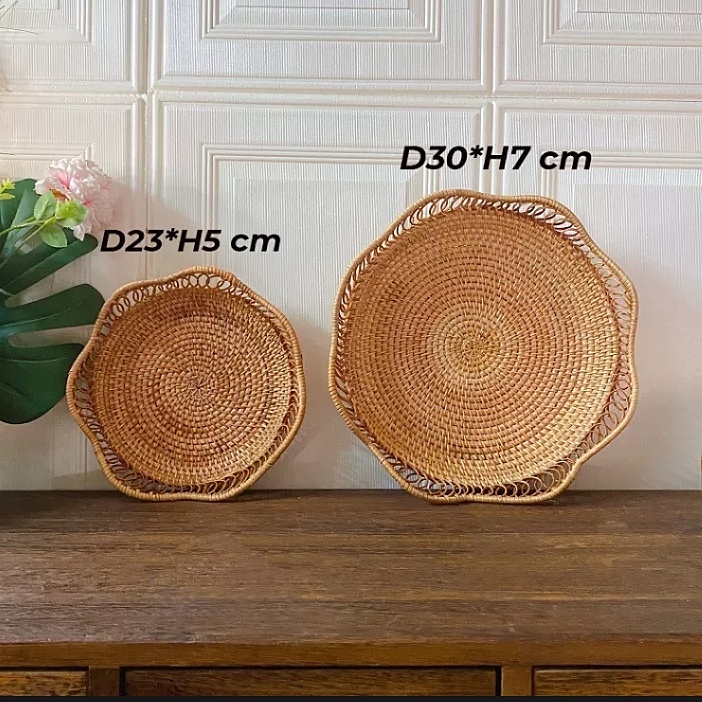 Khay mây Vintage hình hoa sen bộ 2 cái dùng để đựng bánh, đồ ăn, quả, bánh kẹo, decor - Hàng xuất Nhật