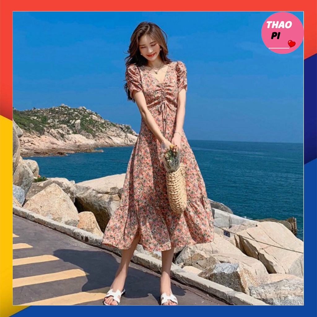 Đầm suông hoa rút ngực đuôi cá tay nhún siêu xinh