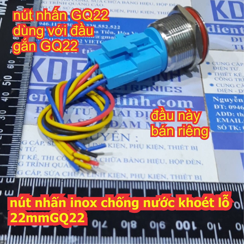 nút nhấn inox chống nước khoét lỗ 22mm, nút nhấn đề, nhấn nhả GQ22 220V đầu phẳng led vòng tròn màu đỏ / x.lá kde7022