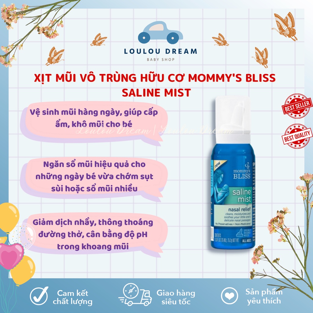 Xịt mũi vô trùng Mommy Bliss hữu cơ Saline Mist cho bé từ sơ sinh chai 75ml