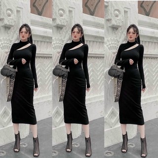 Đầm body midi len gân dày dặn nặng tay cut out Hình thật trải sàn