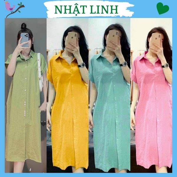 Váy sơ mi nữ NHẬT LINH đầm suông nữ form rộng chất đũi xước mềm mát mặc mùa hè - V90