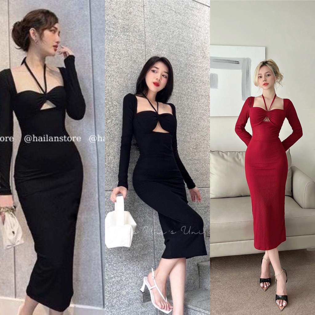 Đầm body sexy tay dài. Đầm dáng ôm khoét ngực dây yếm cột cổ chất liệu thun gân co giãn tốt,(hình anh vieo thật)