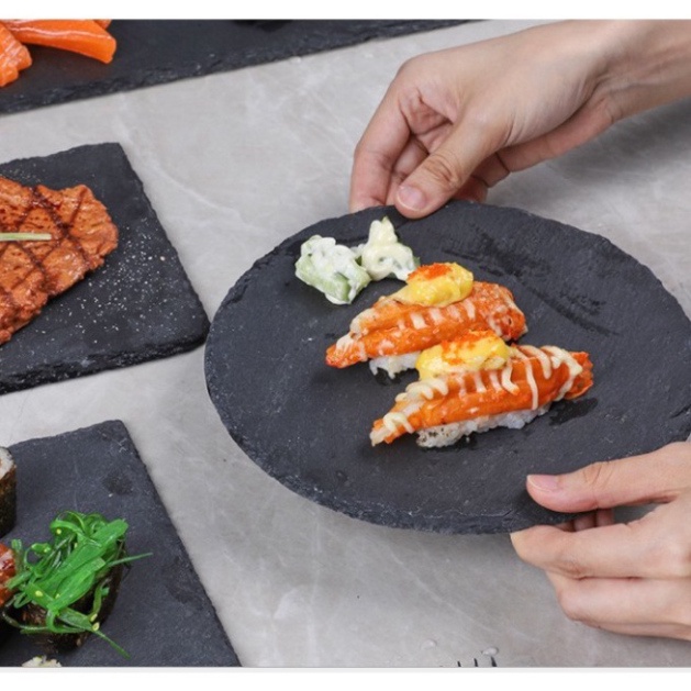 Thớt/ Đĩa đá Tròn - Vuông thiên nhiên decor màu đen chụp hình siêu sang