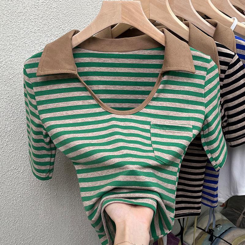 Áo Thun Cotton Cổ Bẻ Kẻ Sọc Thời Trang Cho Nữ