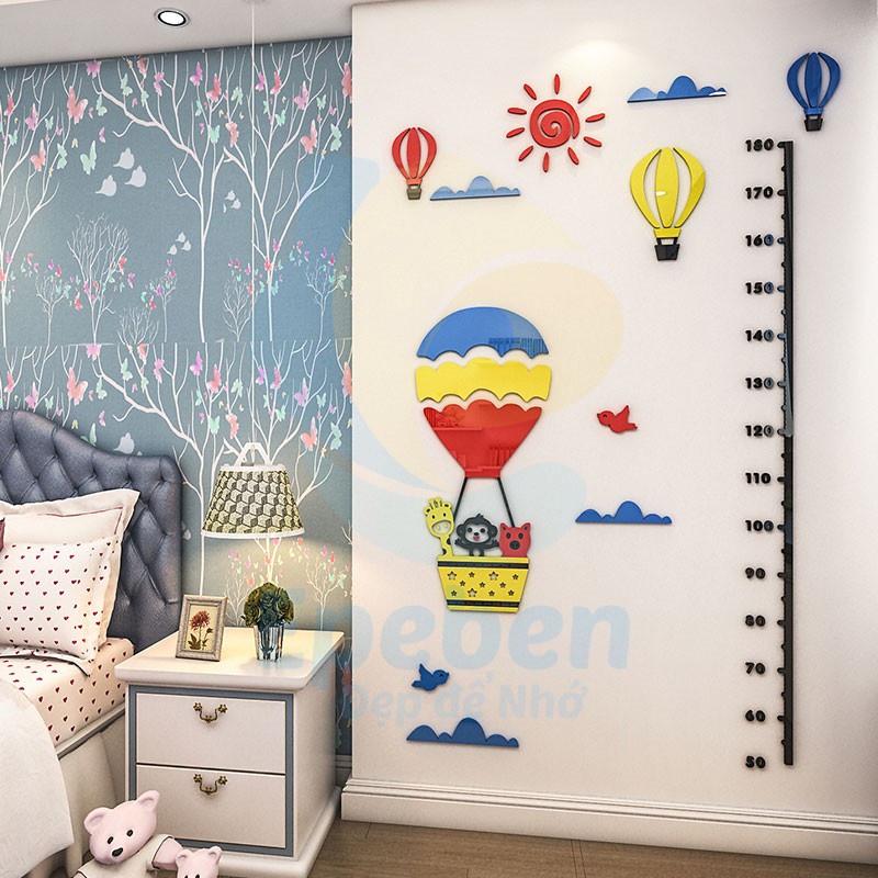 Tranh dán tường mica 3d decor khổ lớn thước đo chiều cao cho bé đo chiều cao bay cùng khinh khí cầu Nhiều Size - EPeBen