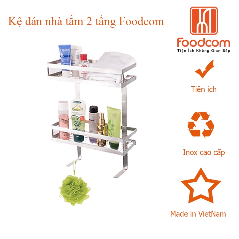 Kệ dán tường nhà tắm 2 tầng  Foodcom chất liệu inox  cao cấp không han gỉ có keo 3M chắc chắn