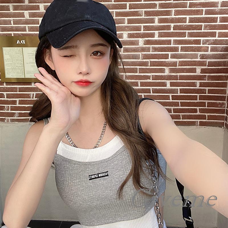 Áo Crop Top Giả Hai Lớp Màu Sắc Tương Phản In Chữ Trang Trí Dành Cho Nữ