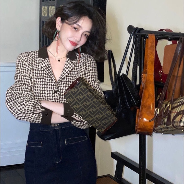 Áo sơ mi chiffon COZOKC tay dài họa tiết houndstooth phong cách cổ điển Hong Kong
