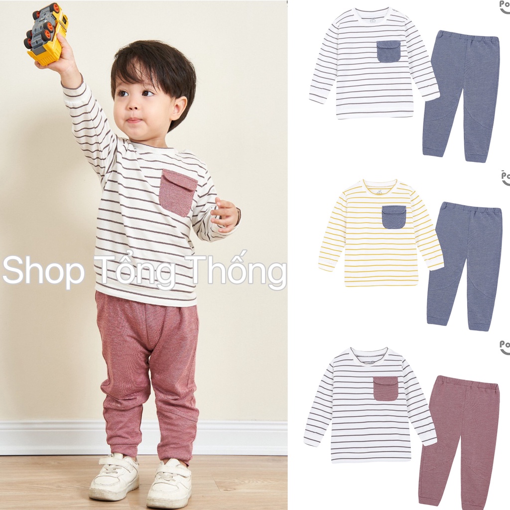 Bộ La Pomme dài tay Cotton cao cấp mềm mịn thoáng mát thấm hút tốt kẻ sọc ngang túi ngực cho bé trai bé gái 13002