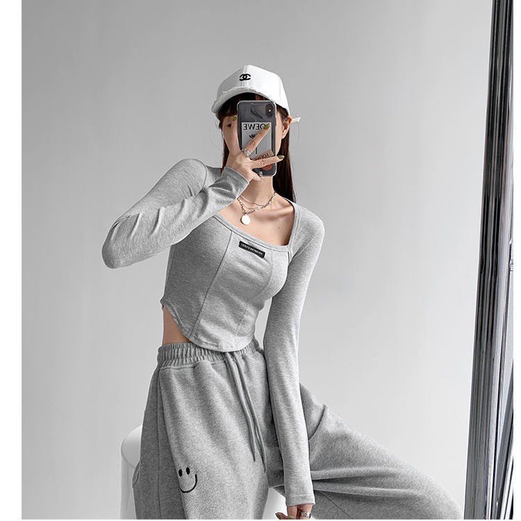 Áo croptop nữ cổ vuông dài tay thêu đắp Shynstores form ôm vải co giãn freeship