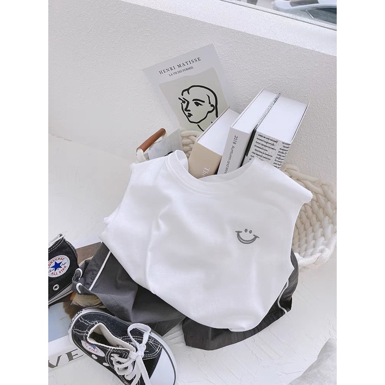 Đồ bộ bé trai quần áo ba lỗ cho bé,bộ sát nách Thêu Miệng Cười phối quần chạy viền cho bé từ 8-28kg Binbon kids