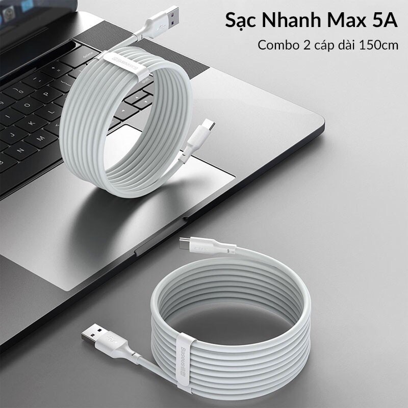 ✅COMBO 2 SET CÁP SẠC NHANH 1.5M USB -TYPEC BASEUS 40W 5A FAST CHARGE SIMPLE WISDOM DATA CABLE KIT- Hàng chính hãng