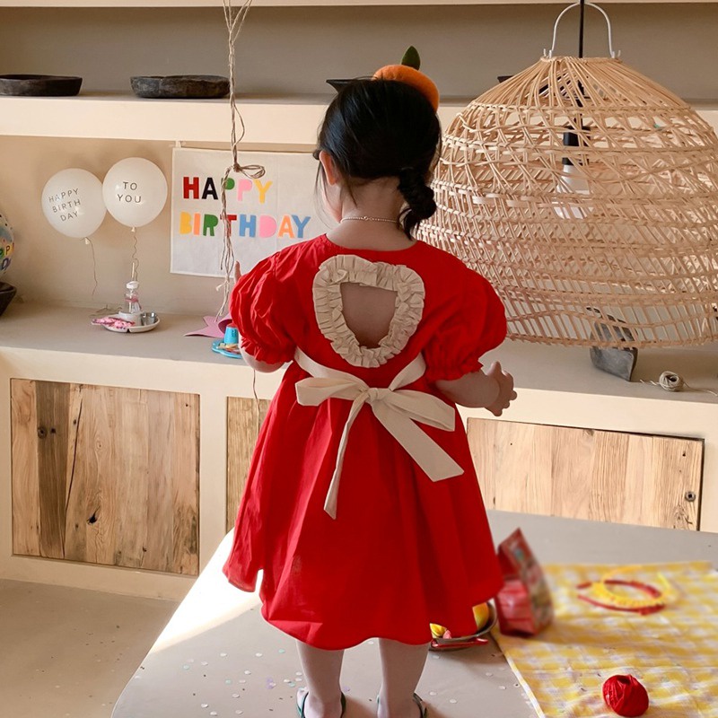 Se7en Đầm Công Chúa Mùa Hè Màu Trơn Hở Lưng Thắt Nơ Hình Trái Tim Đơn Giản Cho Bé Gái