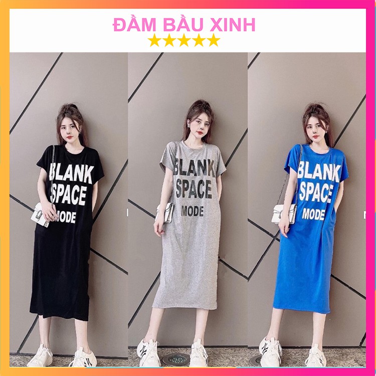 Đầm bầu suông dáng dài Váy bầu dáng suông nữ cổ tròn họa tiết chữ Blank chất thun cotton