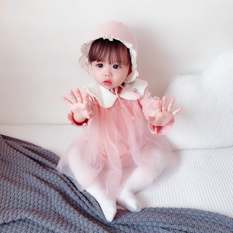 Váy Đầm Công Chúa Phối Ren Tặng Kèm Mũ Cho Bé 5-15kg