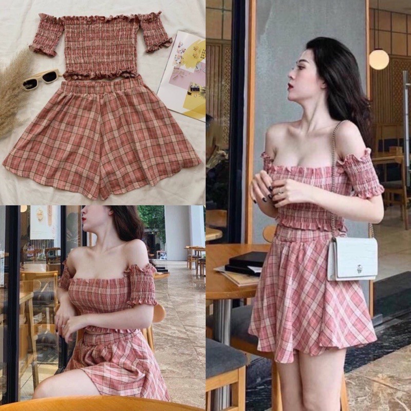 [Hàng Cao Cấp] Set Quần giả váy + áo croptop trễ vai sọc caro