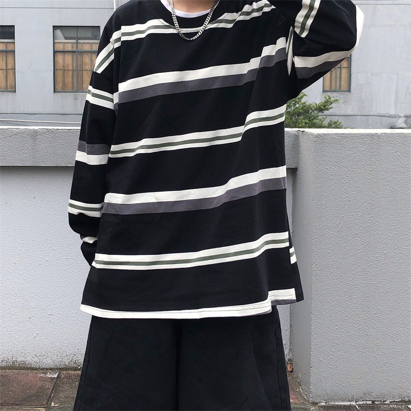 Áo thun cổ tròn tay dài họa tiết kẻ sọc thời trang dành cho nam