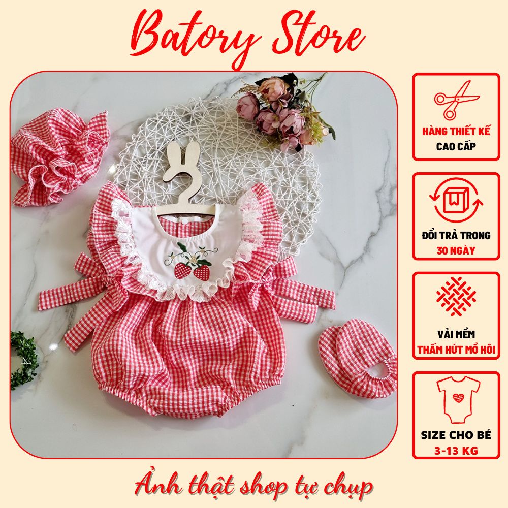 Body cho bé gái sơ sinh màu đỏ caro hoa ngực thêu tay. Set bộ bodysuit Quà tặng đầy tháng, thôi nôi sinh nhật MG92