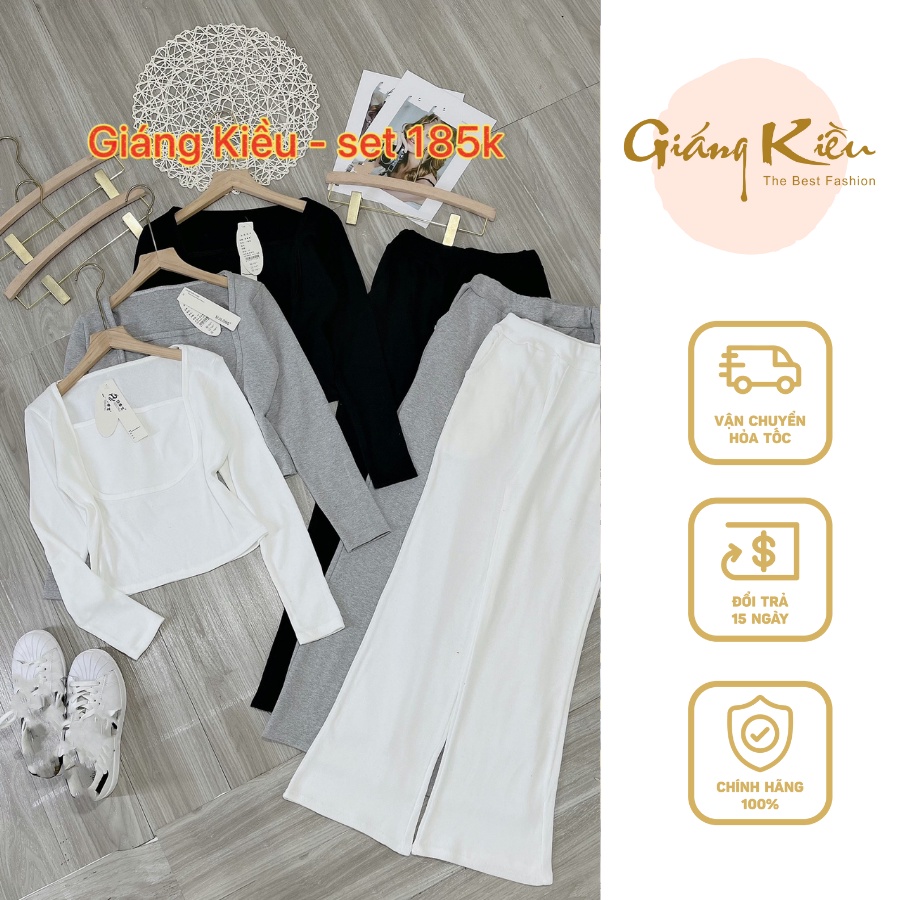 Set Áo Len Cổ Vuông Tay Dài Mix Quần Loe Sang Chảnh, set Đồ Nữ Thu Đông Vải Len, Thời Trang Nữ Giáng Kiều - S2009
