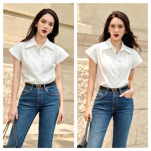 Sơ mi cotton lụa trắng vai chờm -HBSM760