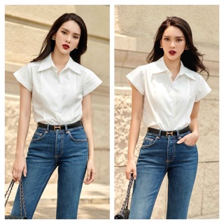Sơ mi cotton lụa trắng vai chờm -HBSM760