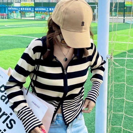 Áo khoác cardigan ZHELIHANGFEI dệt kim cổ bẻ dáng ôm hoạ tiết kẻ sọc hợp thời trang