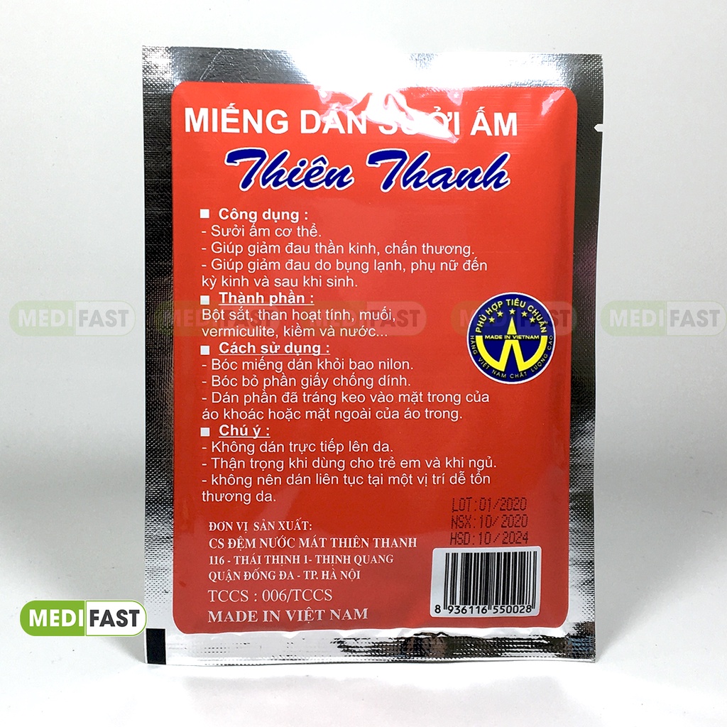 Miếng dán sưởi Thiên Thanh - chườm ấm mùa đông, giảm đau thần kinh, đau bụng, đau bụng kinh - Túi 1 miếng